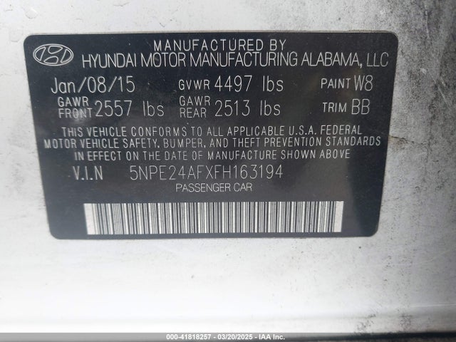 5NPE24AFXFH163194 Hyundai SONATA SE