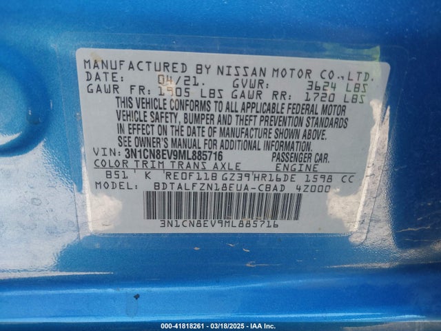 3N1CN8EV9ML885716 Nissan Versa Sv Xtronic Cvt