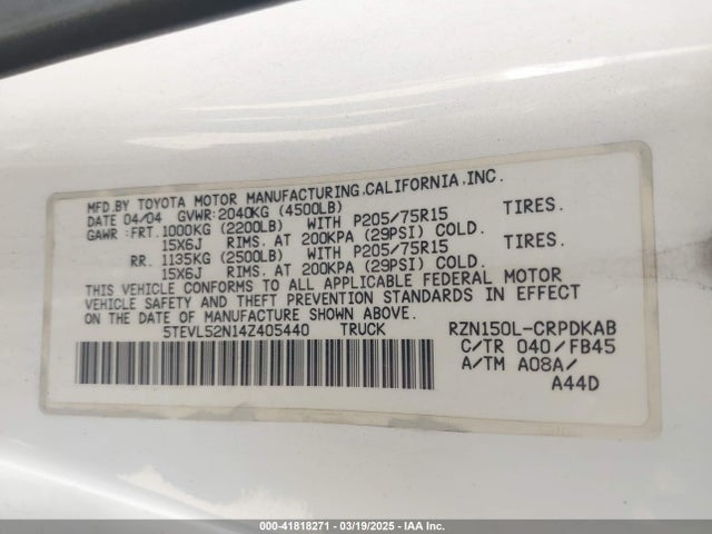 41818271 :رقم المزاد ، 5TEVL52N14Z405440 vin ، 2004 Toyota Tacoma مزاد بيع