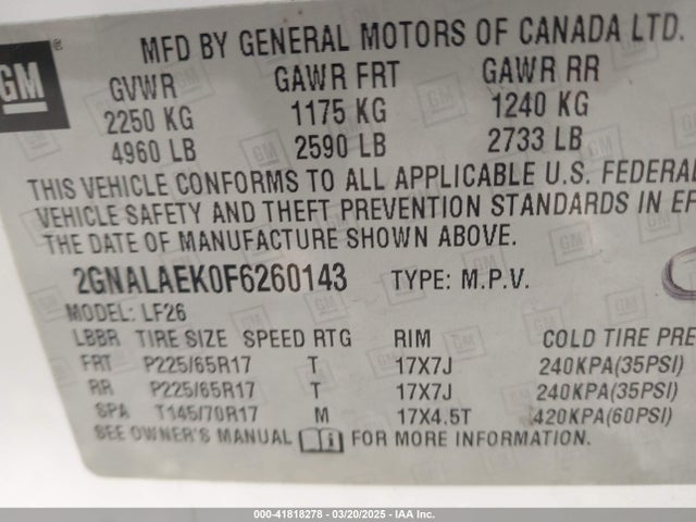 2GNALAEK0F6260143 Chevrolet EQUINOX LS