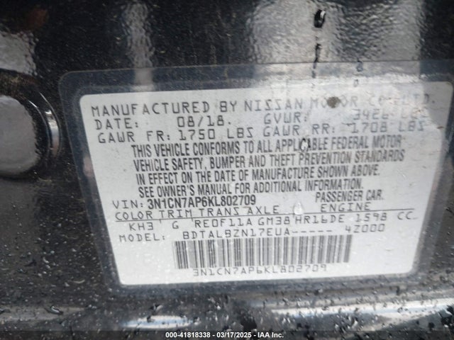 3N1CN7AP6KL802709 Nissan Versa 1.6 Sv