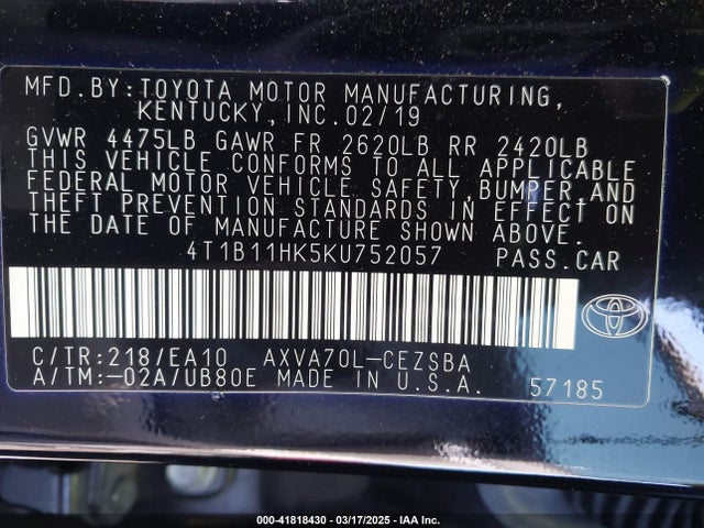 4T1B11HK5KU752057 Toyota CAMRY SE
