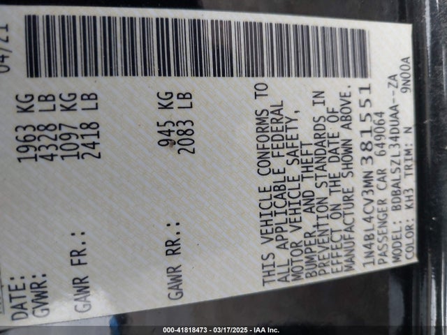 1N4BL4CV3MN381551 Nissan Altima Sr Fwd
