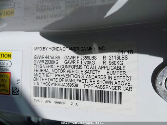 1HGCV1F30JA089538 Honda Accord Sport