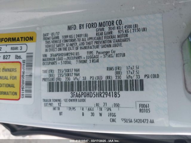 3FA6P0HD5HR294185 Ford FUSION SE