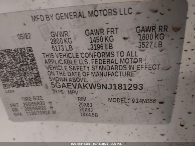 5GAEVAKW9NJ181293 Buick Enclave Awd Essence