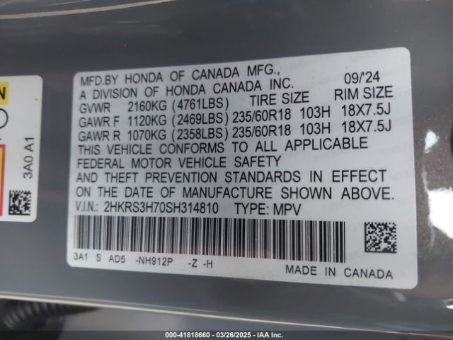 2HKRS3H70SH314810 Honda Cr-v Ex-l 2wd