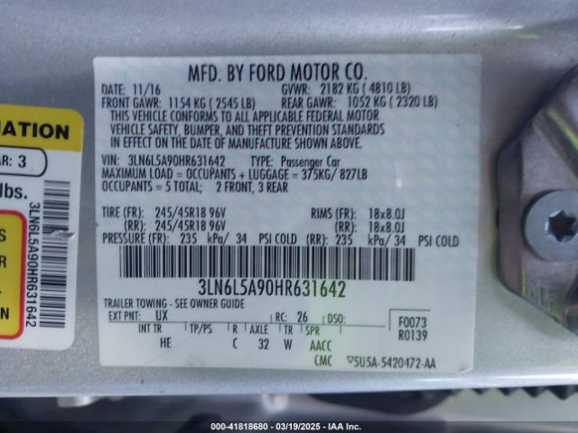3LN6L5A90HR631642 Lincoln Mkz Premiere
