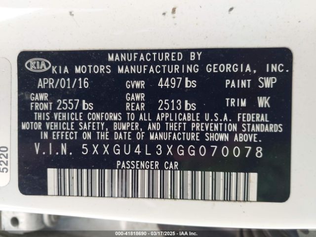 5XXGU4L3XGG070078 KIA OPTIMA EX