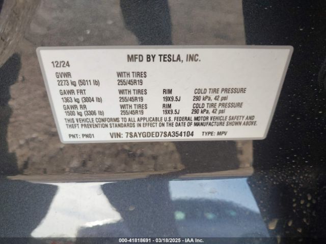 2025 TESLA MODEL Y 7SAYGDED7SA354104 Photo 8