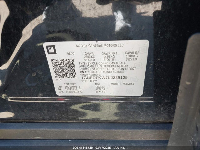 1GNERFKW7LJ289125 Chevrolet Traverse Fwd Ls