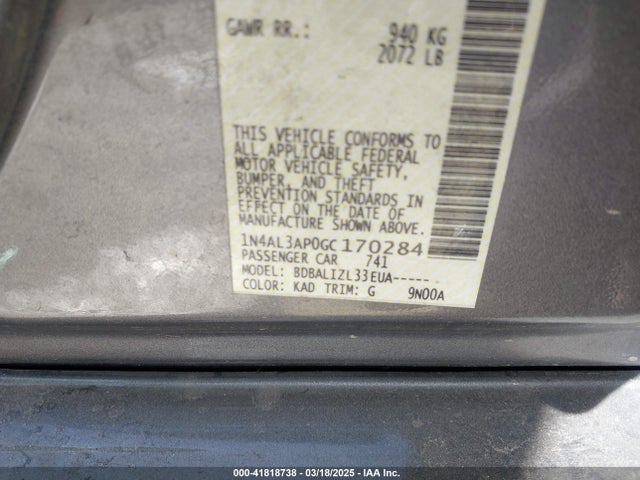 1N4AL3AP0GC170284 Nissan Altima 2.5/2.5 S/2.5 Sl/2.5 Sr/2.5 Sv