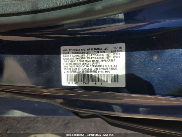 5FNRL5H36GB049807 Honda ODYSSEY SE