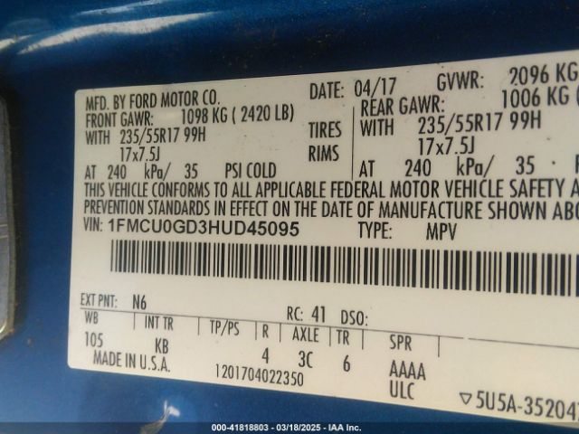 1FMCU0GD3HUD45095 Ford ESCAPE SE
