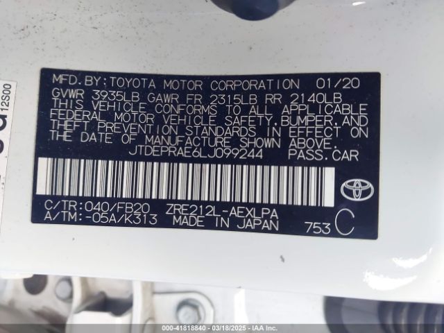 JTDEPRAE6LJ099244 Toyota COROLLA LE