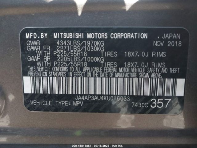 2019 MITSUBISHI OUTLANDER SPORT JA4AP3AU4KU016033 Photo 8