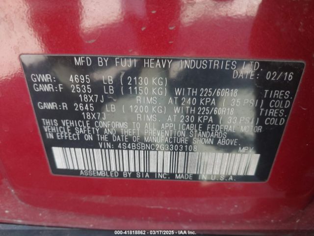4S4BSBNC2G3303108 Subaru Outback 2.5i Limited