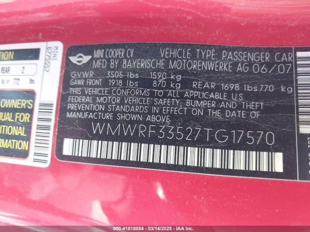 2007 MINI COOPER WMWRF33527TG17570 Photo 8