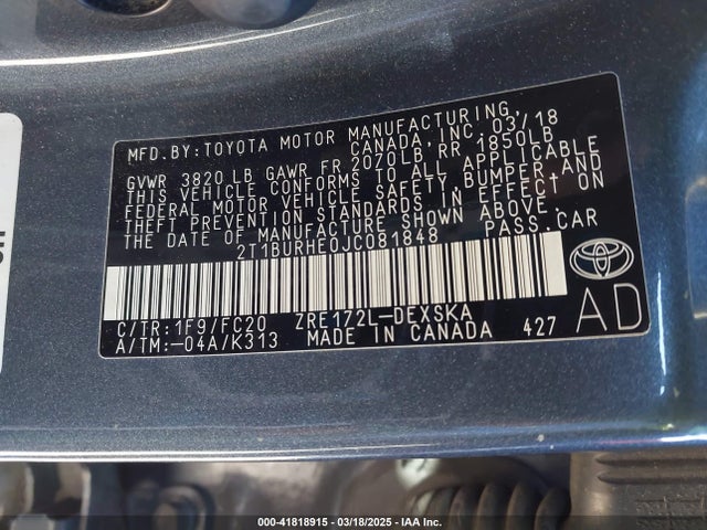 2T1BURHE0JC081848 Toyota COROLLA SE