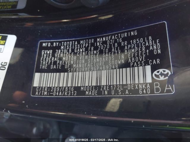 5YFBURHE9GP469248 Toyota COROLLA LE