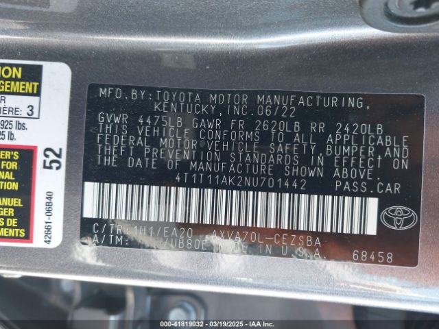 4T1T11AK2NU701442 Toyota CAMRY SE