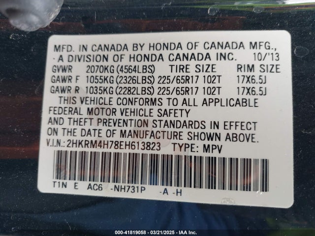 2HKRM4H78EH613823 Honda Cr-v Ex-l