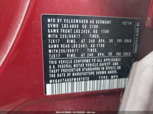 WVGAV7AX0FW067970 Volkswagen TIGUAN SE