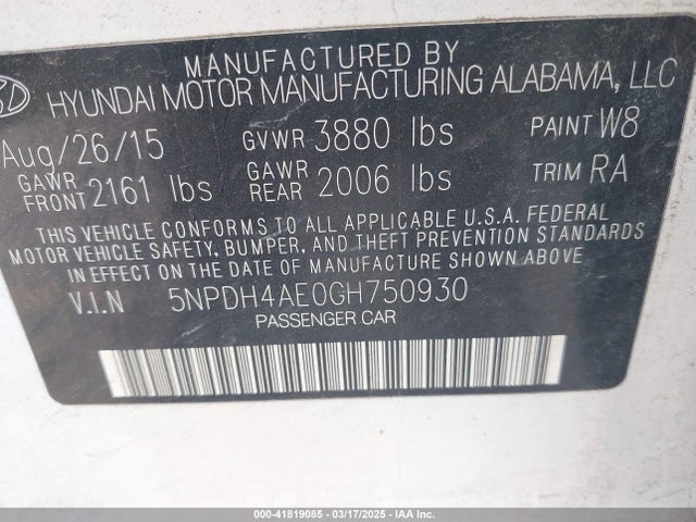Hyundai ELANTRA SE 2016 5NPDH4AE0GH750930 Image 9