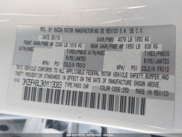 3MZBPABL3KM113083 Mazda MAZDA3