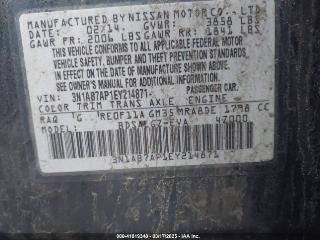 3N1AB7AP1EY214871 Nissan SENTRA SL