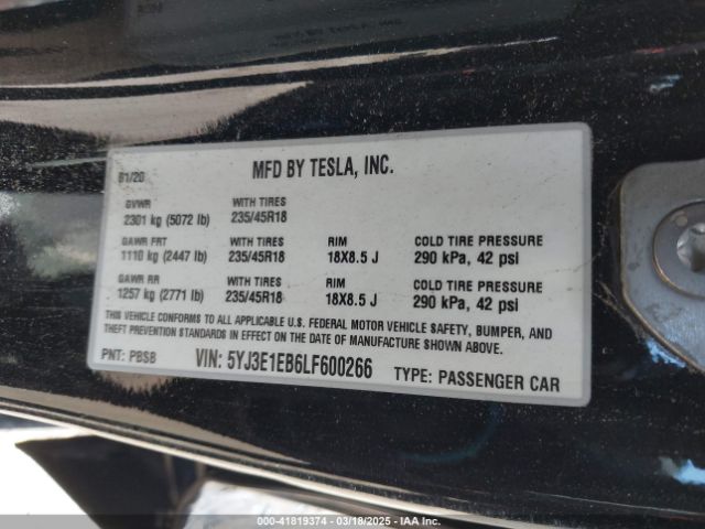5YJ3E1EB6LF600266 Tesla Model 3 Long Range Dual Motor All-wheel Drive