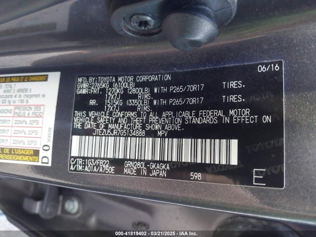 JTEZU5JR7G5134888 Toyota 4runner Limited/sr5/sr5 Premium