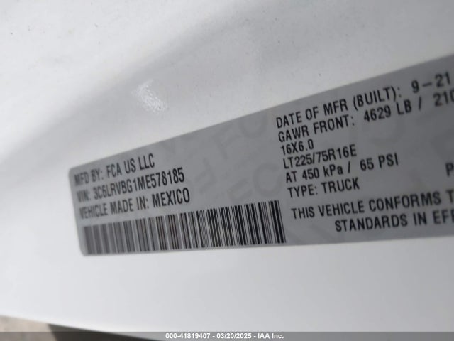 3C6LRVBG1ME578185 RAM Promaster 1500 High Roof 136 Wb