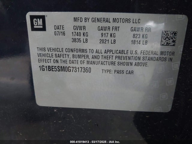 1G1BE5SM0G7317360 Chevrolet Cruze Lt Auto