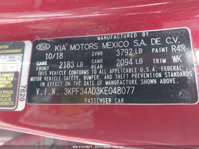 3KPF34AD3KE048077 KIA FORTE S