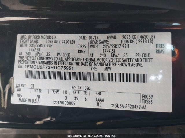 Ford ESCAPE S 2017 1FMCU0F73HUC75951 Image 9