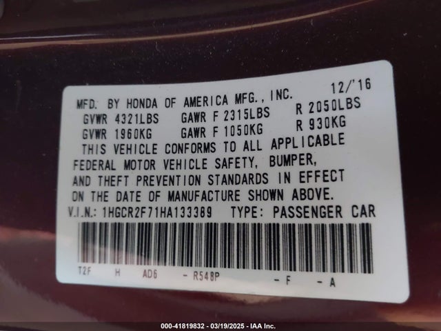 1HGCR2F71HA133389 Honda ACCORD EX