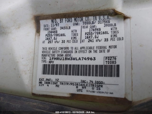 Продаж на аукціоні авто 1998 Ford Expedition Eddie Bauer/xlt, vin: 1FMRU18W3WLA74963, номер лоту: 41819913