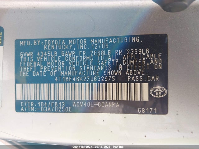 Продаж на аукціоні авто 2007 Toyota Camry Le, vin: 4T1BE46K27U632975, номер лоту: 41819937