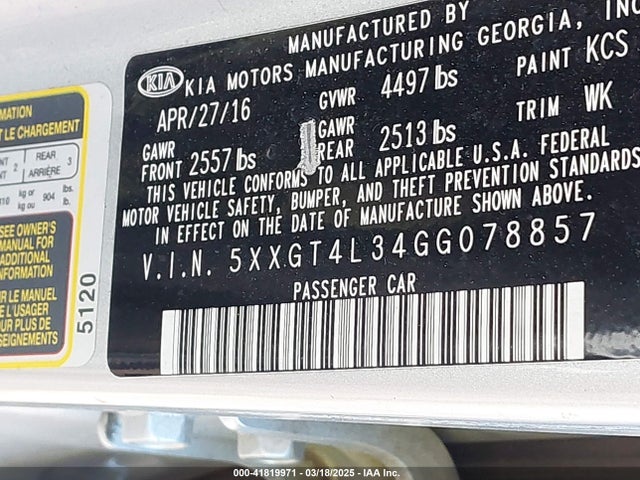 5XXGT4L34GG078857 KIA Optima Lx