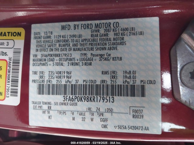 3FA6P0K98KR179513 Ford Fusion Titanium