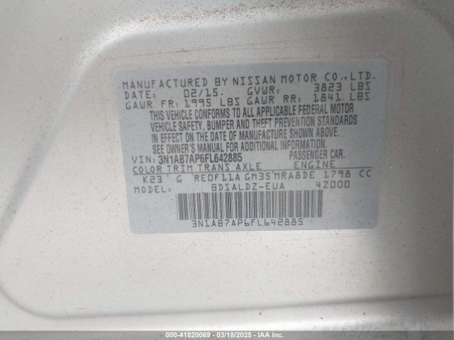 3N1AB7AP6FL642885 Nissan Sentra Fe+ S/s/sl/sr/sv