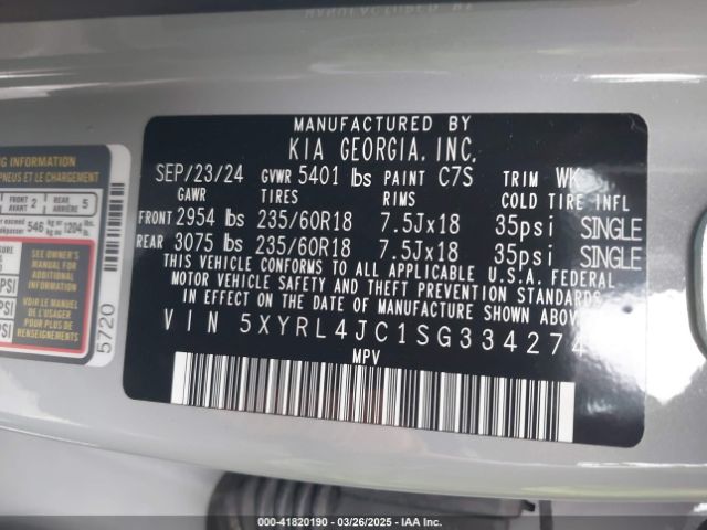 5XYRL4JC1SG334274 KIA SORENTO S