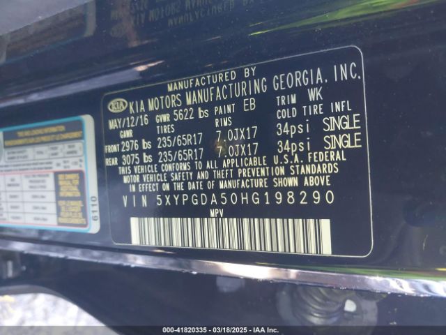 5XYPGDA50HG198290 KIA Sorento 3.3l Lx