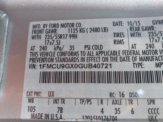 1FMCU9GX0GUB40721 Ford ESCAPE SE