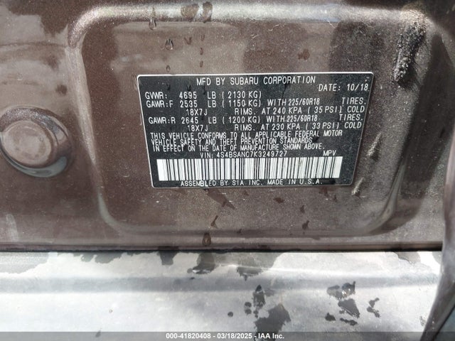 Subaru Outback 2.5i Limited 2019 4S4BSANC7K3249727 Image 9