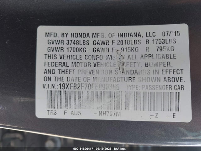 Honda CIVIC SE 2015 19XFB2F70FE090366 Image 9