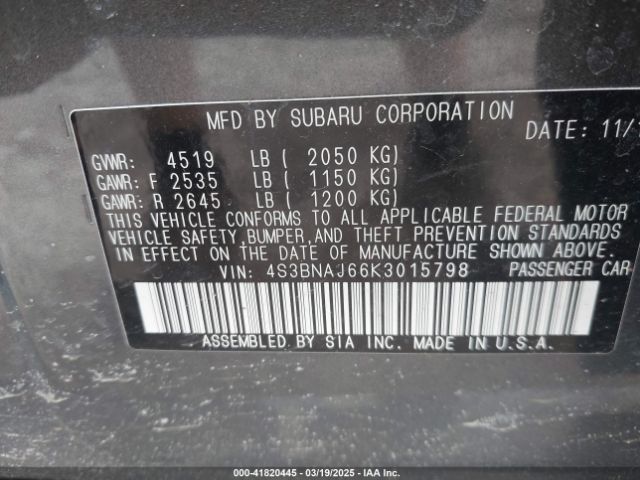 4S3BNAJ66K3015798 Subaru Legacy 2.5i Limited