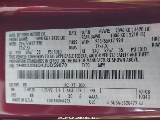1FMCU0GD4JUD59870 Ford ESCAPE SE