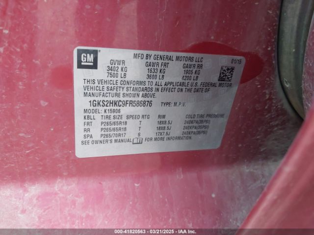 1GKS2HKC9FR586876 GMC Yukon Xl 1500 Slt